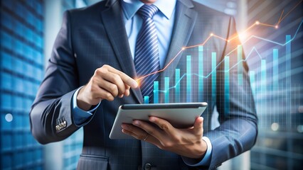 Poster - Strategic Financial Analysis: Focused businessman analyzes data on a digital tablet, with stock market charts overlaid, reflecting the fast-paced world of finance and investment.
