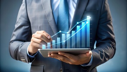 Poster - Strategic Financial Analysis: Focused businessman analyzes data on a digital tablet, with stock market charts overlaid, reflecting the fast-paced world of finance and investment.