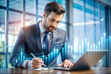Poster - Strategic Financial Analysis: Focused businessman analyzes data on a digital tablet, with stock market charts overlaid, reflecting the fast-paced world of finance and investment.