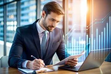 Poster - Strategic Businessman Analyzes Growth Charts in Modern Office