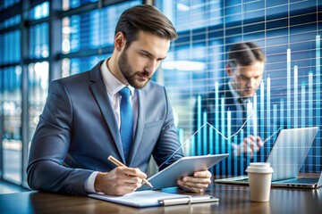 Strategic Financial Analysis: Focused businessman analyzes data on a digital tablet, with stock market charts overlaid, reflecting the fast-paced world of finance and investment.