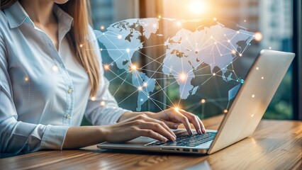 Poster - Connected and Empowered: A woman works on her laptop, surrounded by a glowing network of connections, symbolizing the power of digital collaboration and global reach. 