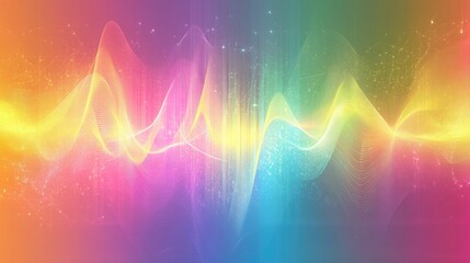 Poster - Illustration of colorful sound wave lines in a rainbow gradient. Abstract background depicting the motion of speaking or audio with dynamic and vibrant design elements.