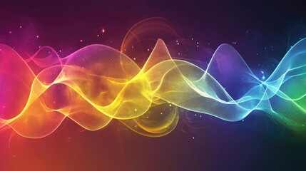 Poster - Illustration of rainbow gradient sound waves representing speaking or audio in motion. Abstract background with colorful and dynamic lines showcasing vibrant audio dynamics.