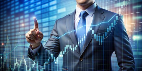 Poster - Mastering the Markets: A focused businessman analyzes glowing financial charts, strategizing for success in the world of digital trading and investment. 