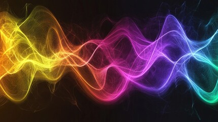 Poster - Illustration of rainbow gradient sound waves representing speaking or audio in motion. Abstract background with colorful and dynamic lines showcasing vibrant audio dynamics.