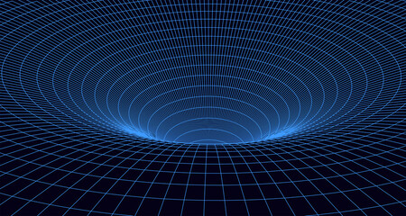 Fototapete - Abstract wireframe 3D tunnel. Perspective mesh background texture. Mesh model of a wormhole, vortex. 3D texture of a wormhole portal with a mesh structure.