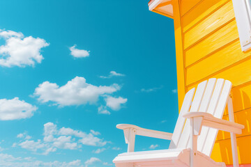 A sunny day at the beach with a white wooden chair against a vibrant yellow cabin and a clear blue sky. The serene atmosphere and bold colors highlight the beauty of a minimalist summer retreat.