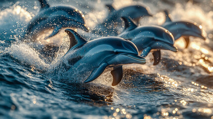 A pod of dolphins joyfully splashing in the ocean waves during a golden sunset