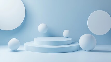 Poster - Minimalistic 3D rendering of floating spheres with ample empty space for product display. Modern and elegant design suitable for showcasing branding or product features.