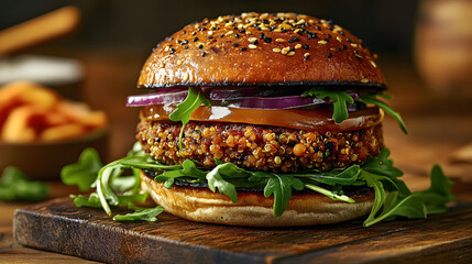 Wall Mural - A mouthwatering vegetarian burger that rivals its meaty counterparts in both taste and satisfaction. Imagine a hearty chickpea and quinoa patty, seasoned with aromatic herbs and spices, nestled