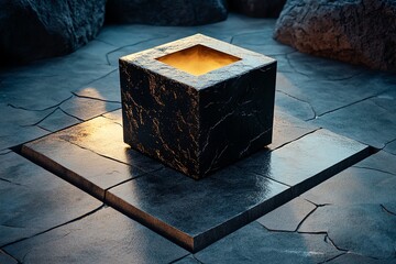 Wall Mural - A glowing cube sits atop a stone platform, casting warm light in a mysterious, rock-strewn environment.