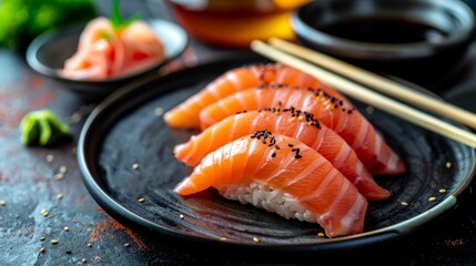 Sticker - A beautiful plate of fresh sushi featuring salmon sashimi. The colors are vibrant and appetizing. Perfect for food lovers and culinary enthusiasts. A delicious visual delight. AI