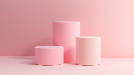 Poster - Modern 3D background with a set of pink and beige cylinder pedestals. Abstract pastel scene for displaying products with a clean geometric design.