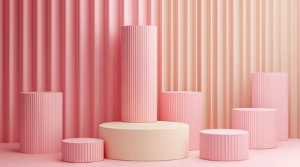 Poster - Modern 3D background with a set of pink and beige cylinder pedestals. Abstract pastel scene for displaying products with a clean geometric design.