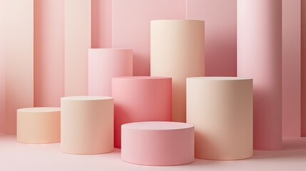 Poster - Modern 3D background with a set of pink and beige cylinder pedestals. Abstract pastel scene for displaying products with a clean geometric design.