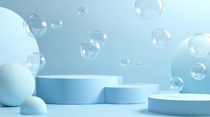 Poster - Modern blue podium stage with soap bubbles drifting across the scene. Realistic 3D vector design with rounded rectangular platforms and soapy spheres for a fresh look.