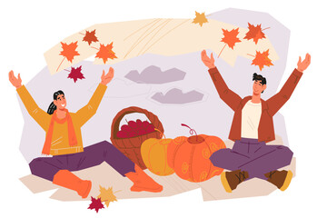 hello autumn banner or poster with people enjoying a pumpkin patch harvest, flat vector illustration