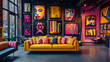 © javu - Contemporary art gallery interior with vibrant wall art and a yellow sofa in a modern, stylish space with large windows and colorful decor.