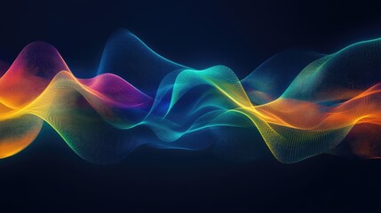 Poster - Rainbow gradient sound wave lines illustration depicting speech or audio in motion. Dynamic and colorful abstract background for tech or media themes.