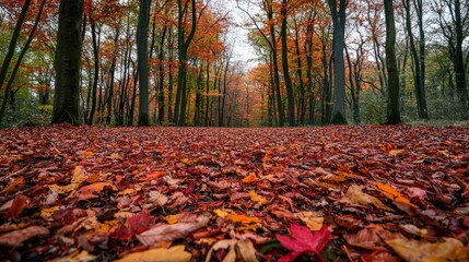 Wall Mural - A vibrant autumn forest with a carpet of red, orange, and yellow leaves covering the ground