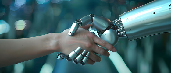 Fototapete - close-up of a human hand shaking a robot's hand, symbolizing collaboration between humans and ai in 