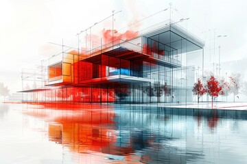 Sticker - Architectural Design Sketch of Modern Glass House