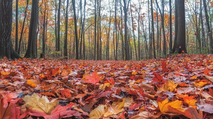 Wall Mural - A tranquil autumn forest with colorful leaves carpeting the ground, vibrant reds, oranges, and yellows