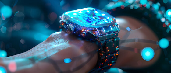 Poster - Close-up of a futuristic smartwatch with a glowing, high-tech interface on a person's wrist, highlighting advanced wearable technology and innovation.