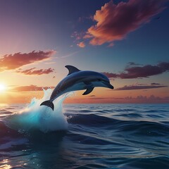 A vibrant and surreal seascape during sunset. A dolphin, with a gradient of blue and pink hues, gracefully leaps out of the ocean