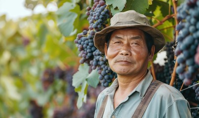 Wall Mural - Asian man in a vineyard, carefully tending to ripened grapes during harvest season.