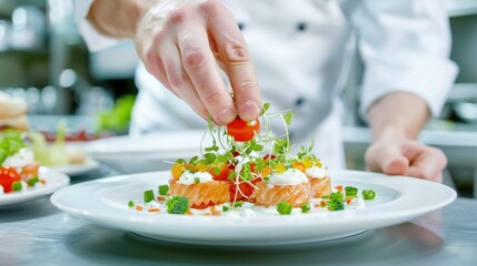 Closeup of food on a plate with salmon and vegetables in the kitchen, the chef is preparing the plate in a beautiful and appetizing way.