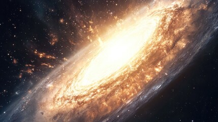 Stunning 3D digital art of the Andromeda galaxy colliding with a planet horizon. Illustrates the powerful cosmic interaction and swirling galaxies in space.