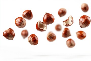 Wall Mural - Flying in air hazelnuts isolated on white background. Falling hazelnuts