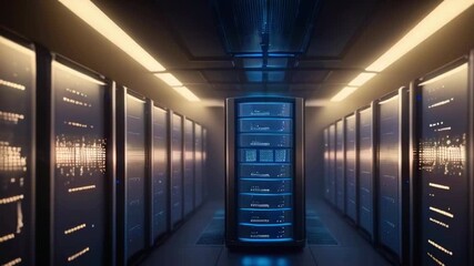 Poster - Row of servers with glowing blue lights in a dark server room.