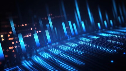 Poster - Stylized vector of a blue music equalizer featuring dynamic bars and waveforms. Clean design emphasizing audio spectrum and sound level adjustments.