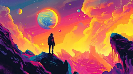 Fototapete - Vector art featuring a daring individual exploring an enigmatic planet, mesmerized by the celestial wonders. Pop art style with bold colors and abstract cosmic imagery.