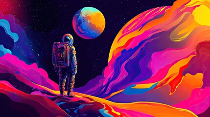 Fototapete - Vector art featuring a daring individual exploring an enigmatic planet, mesmerized by the celestial wonders. Pop art style with bold colors and abstract cosmic imagery.