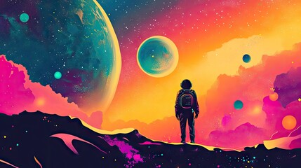 Fototapete - Vector art featuring a daring individual exploring an enigmatic planet, mesmerized by the celestial wonders. Pop art style with bold colors and abstract cosmic imagery.