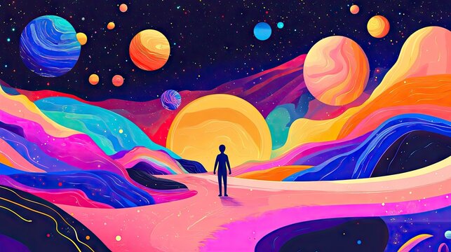 Vector art featuring a daring individual exploring an enigmatic planet, mesmerized by the celestial wonders. Pop art style with bold colors and abstract cosmic imagery.