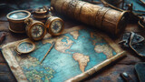 Fototapeta Kosmos - Adventure-themed wallpaper with maps, compasses, and pirate ships.