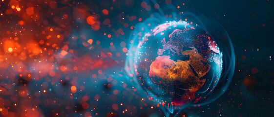 Poster - A digital representation of Earth with glowing data connections, highlighting global networks, technology, and digital communication concepts.