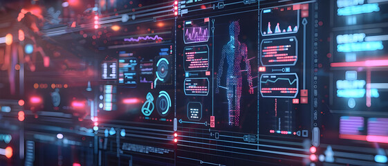 Poster - A futuristic digital interface displaying health data and human analytics, representing advanced healthcare technology and data-driven health monitoring.