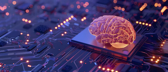 Poster - A visual representation of artificial intelligence, depicting a glowing brain on a computer chip, symbolizing AI and advanced technology.