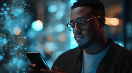 Portrait of Black Man Using Smartphone in Metaverse With Animated Stream Of Interfaces With Social Media, e-Commerce Shopping, Internet Influencers And Games. Visualization Of Web Network.