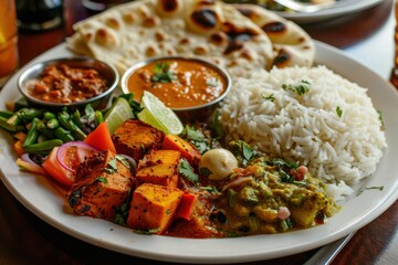 Wall Mural - Vibrant plate of Indian cuisine with rice, vegetables, and various curries.