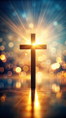 Wall Mural - A cross stands prominently against a backdrop of glowing, blurred lights,