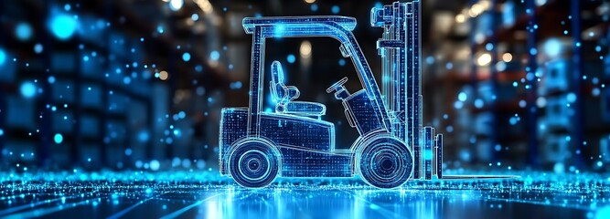 Wall Mural - Digital blue forklift truck with glowing data streams symbolizes the optimization of artificial intelligence in warehouse management