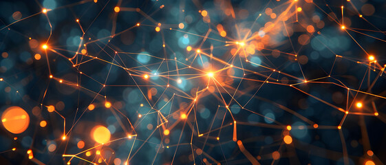 Poster - An abstract image of a glowing neural network featuring interconnected orange nodes on a dark background, representing AI and connectivity.