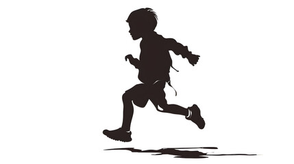 a running autistic child, black vector illustration, white joints , a simple shoe, white background